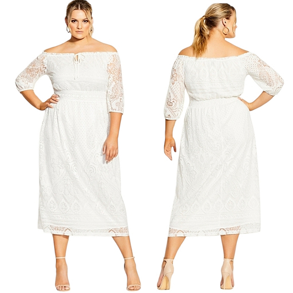 City Chic | Off White Precious Detail Off Shoulder Mid Length Maxi Dress Size 16